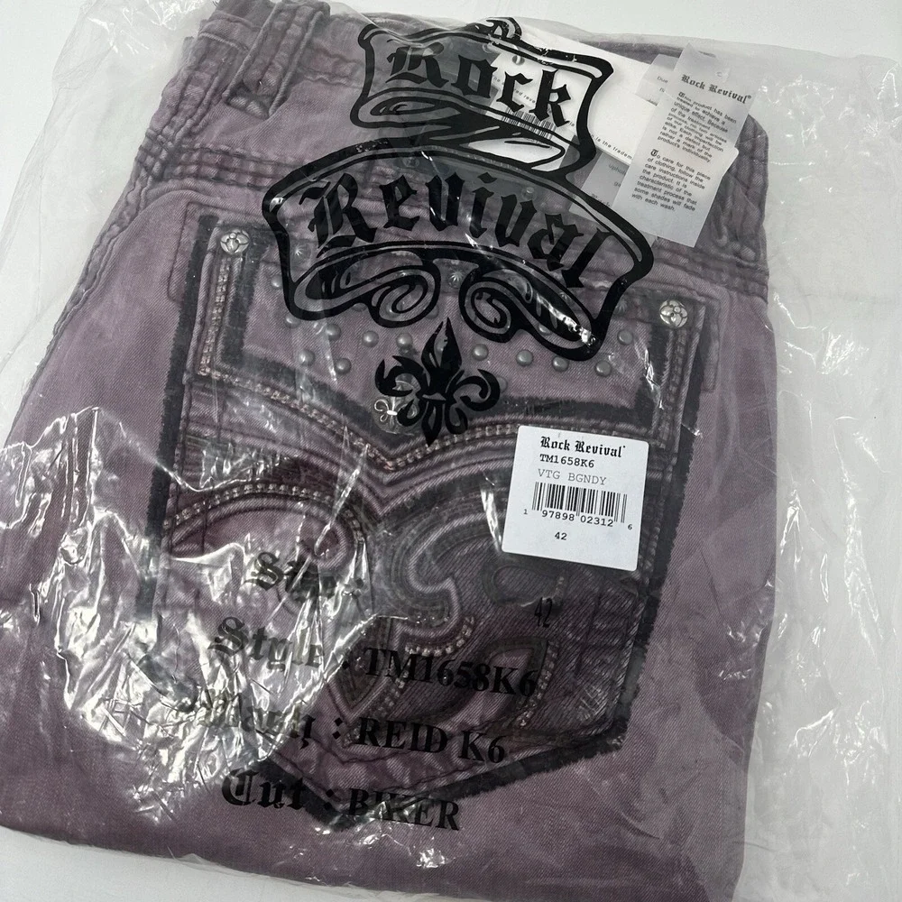 NEW Rock Revival Reid K6 Biker Jeans Men's 42 x 32 Burgundy Flex Stretch Pants
